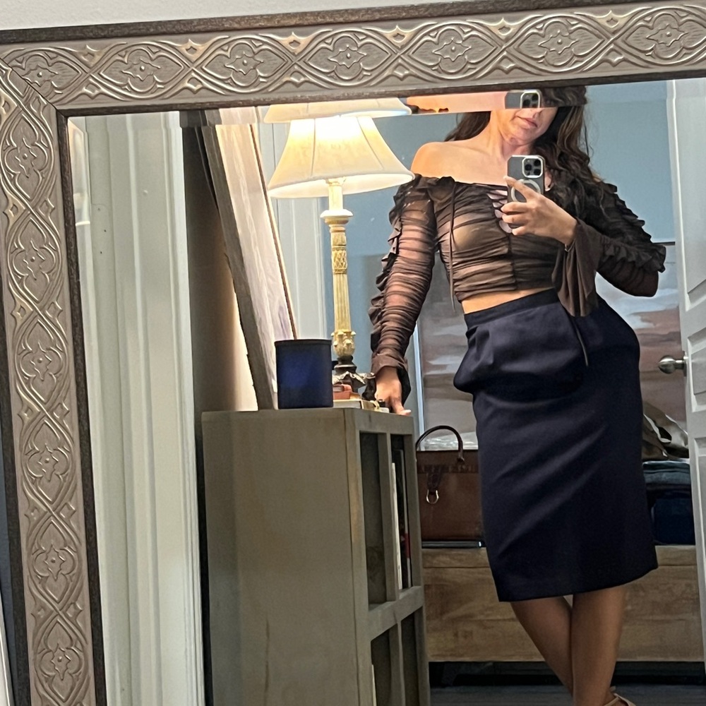 Brown Off-Shoulder Ruched Top and Navy Skirt